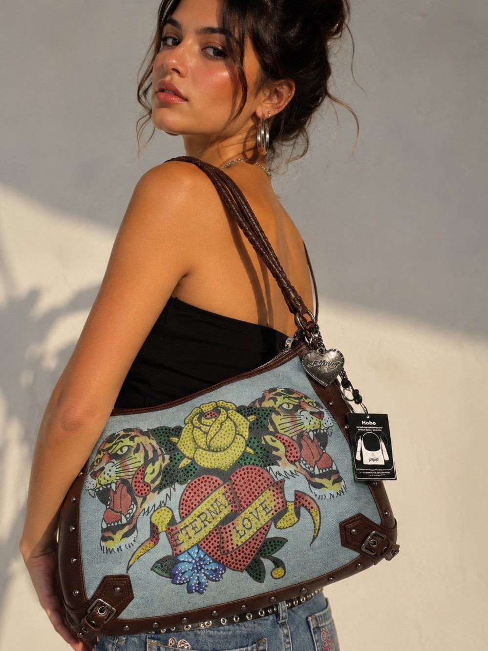 NWT Ed Hardy Eternal Love Tiger Rhinestone Hobo Shoulder Bag Y2K Tattoo Purse